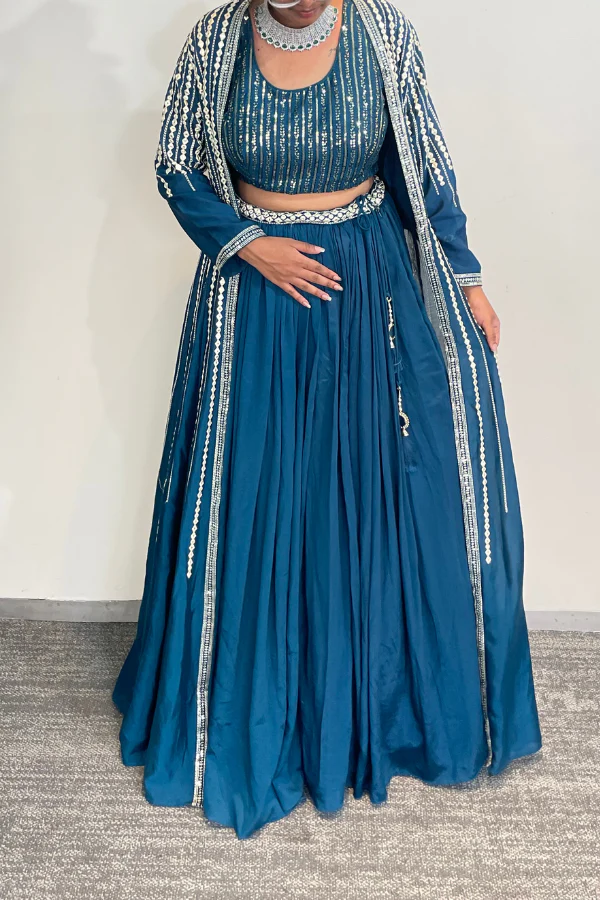 Blue beaded jacket and lehenga set - Image 2