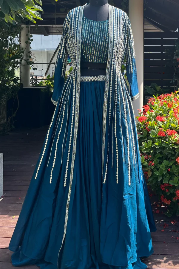 Blue beaded jacket and lehenga set - Image 3