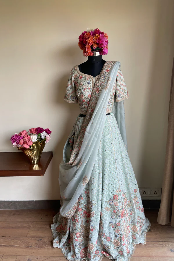 Blue  chikankari embroidered  lehenga set - Image 3