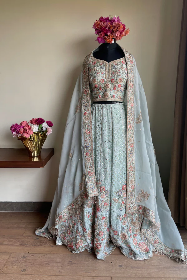 Blue  chikankari embroidered  lehenga set - Image 4