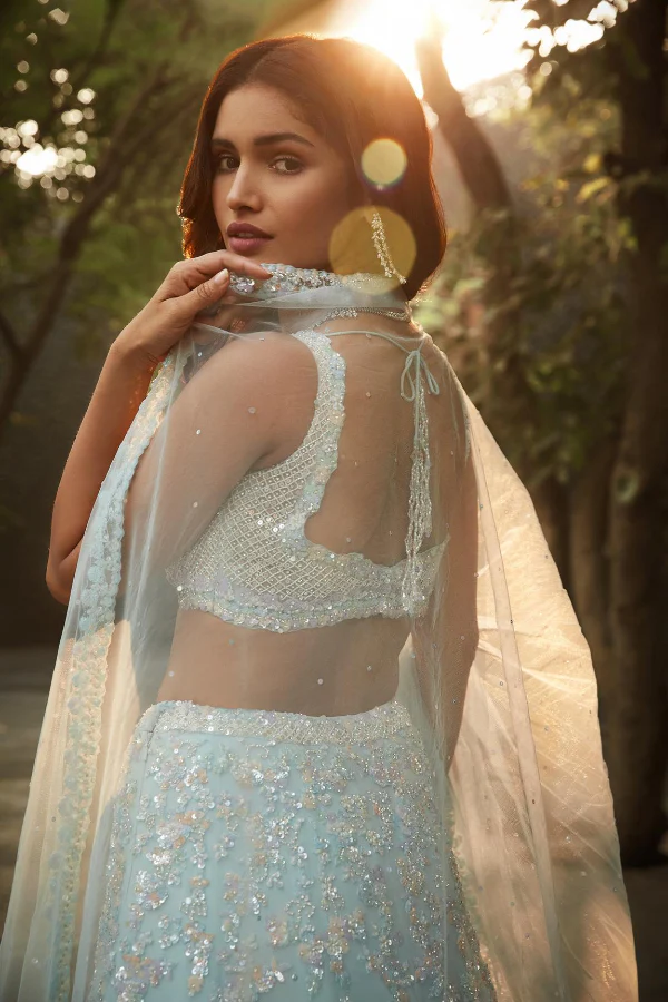 Blue Floral Embellished Lehenga Set - Image 3