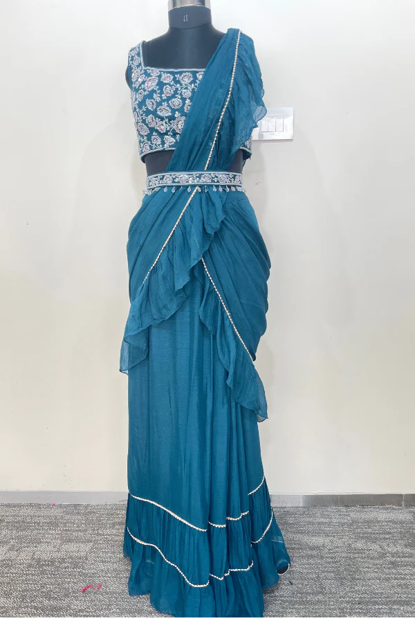 Blue pre stitched saree - Image 2