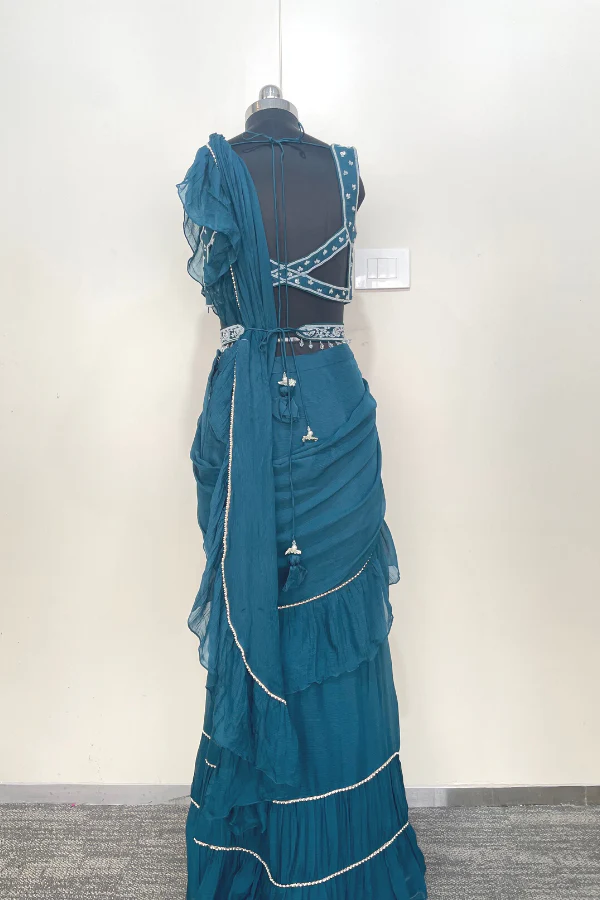 Blue pre stitched saree - Image 5