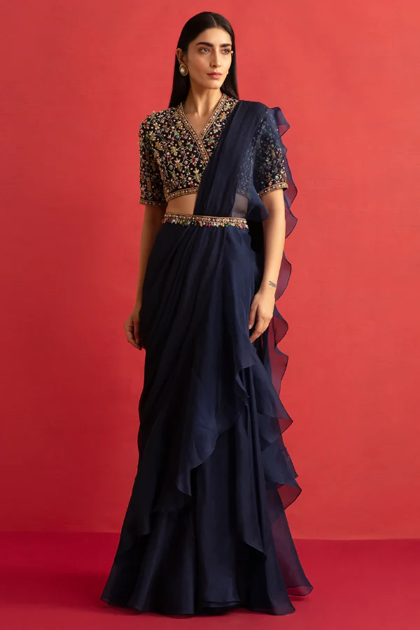Blue ruffle pre stitched saree