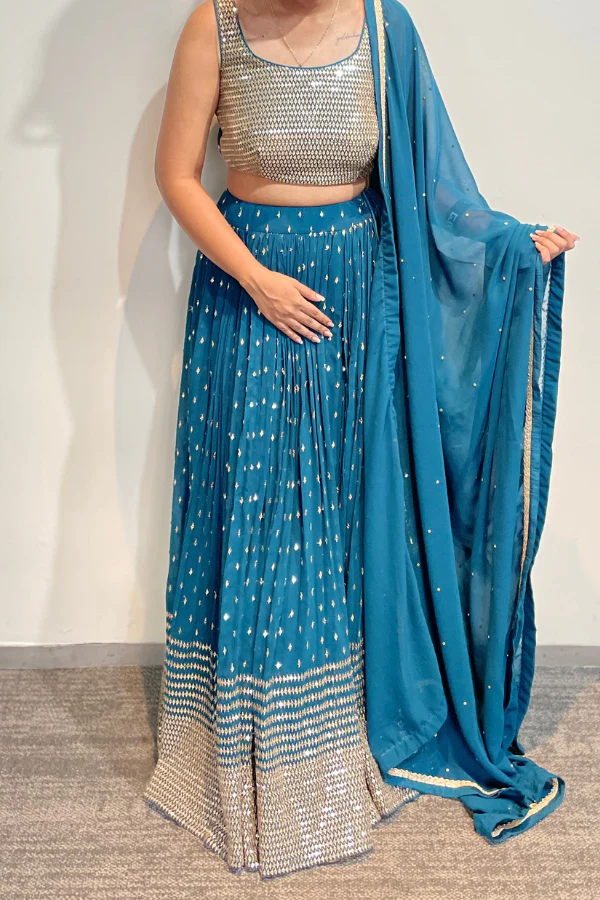 BLUE SEQUINS AND GOLDEN ZARI WORK LEHENGA SET
