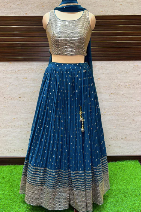 BLUE SEQUINS AND GOLDEN ZARI WORK LEHENGA SET - Image 2