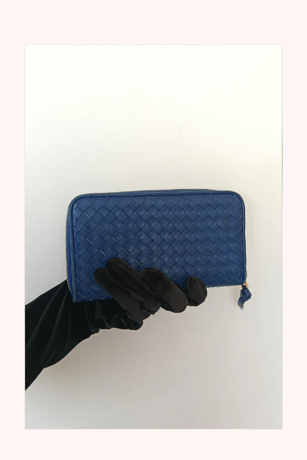 Bottega Veneta Blue Intrecciato Zip Around Wallet