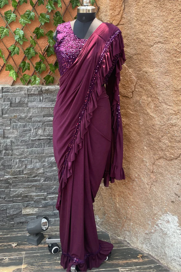 Burgundy Pre- Stitched Saree set - Image 2