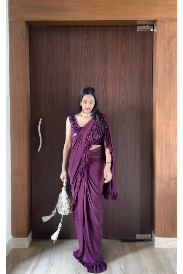 Burgundy Pre- Stitched Saree set - Image 3