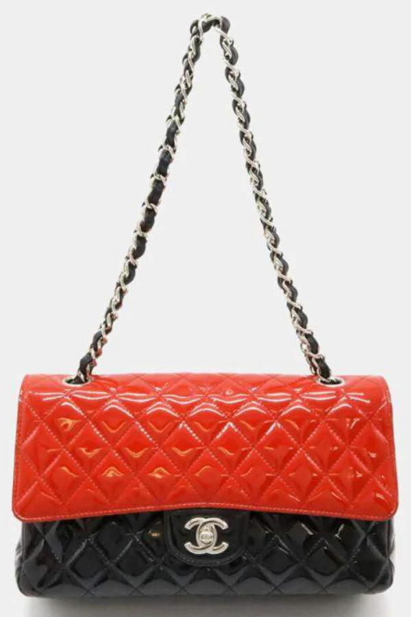 Chanel Black Red Bicolor Patent Leather Matelasse Coco Mark Double Chain Shoulder Bag - Image 3