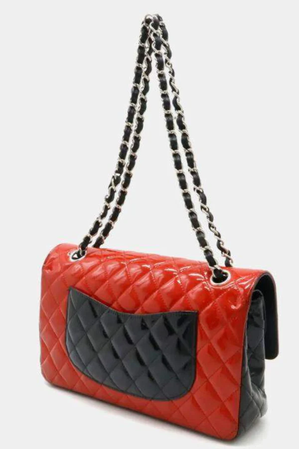 Chanel Black Red Bicolor Patent Leather Matelasse Coco Mark Double Chain Shoulder Bag - Image 4