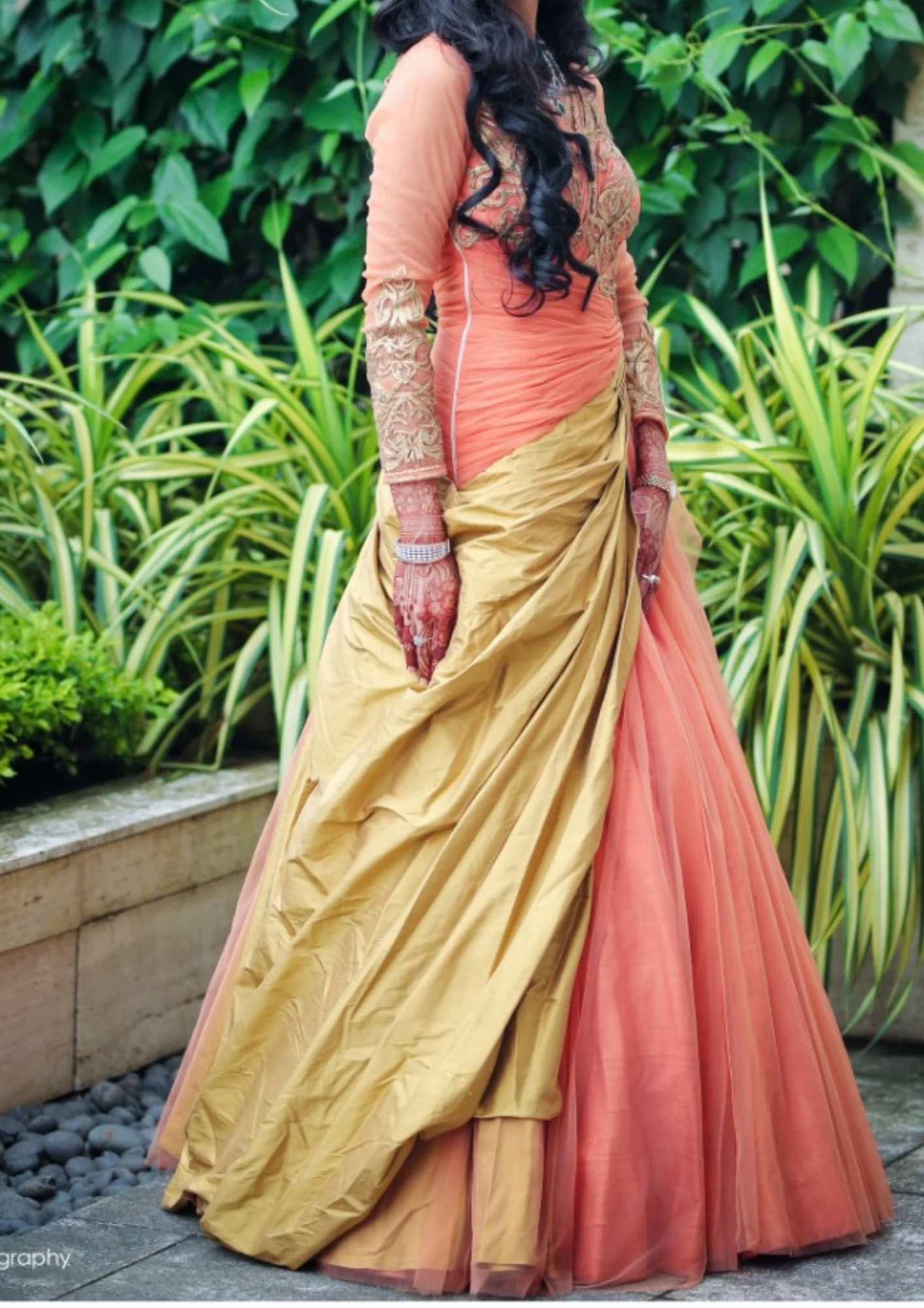 Shantanu & Nikhil Peach & Gold Draped Gown - Image 2