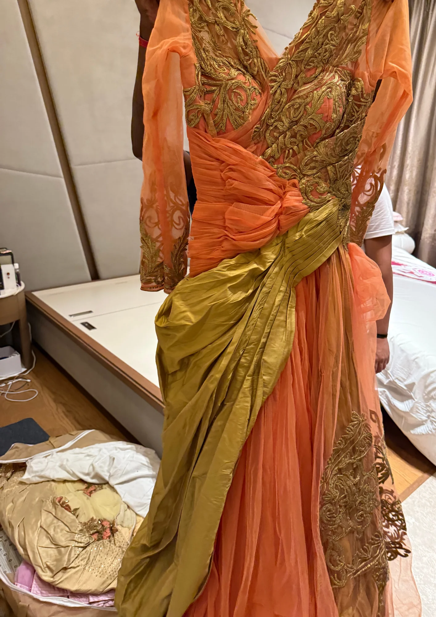 Shantanu & Nikhil Peach & Gold Draped Gown - Image 3