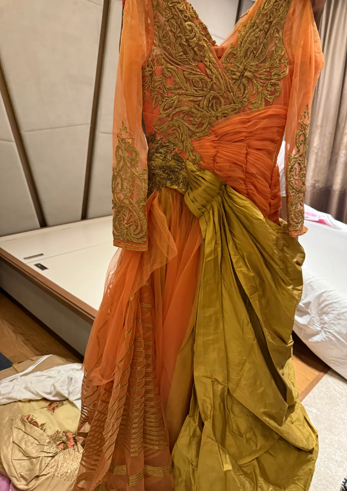 Shantanu & Nikhil Peach & Gold Draped Gown - Image 4