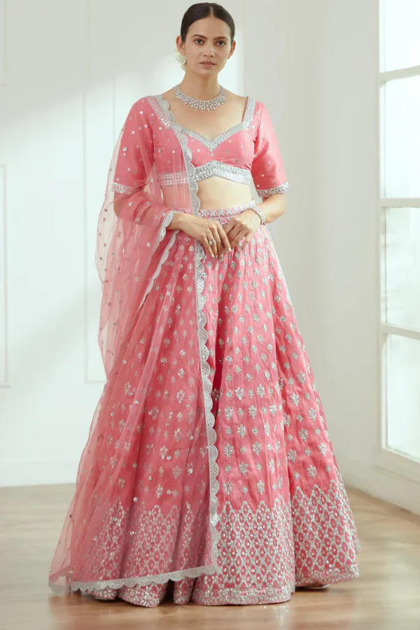 Coral zari embroidered lehenga set