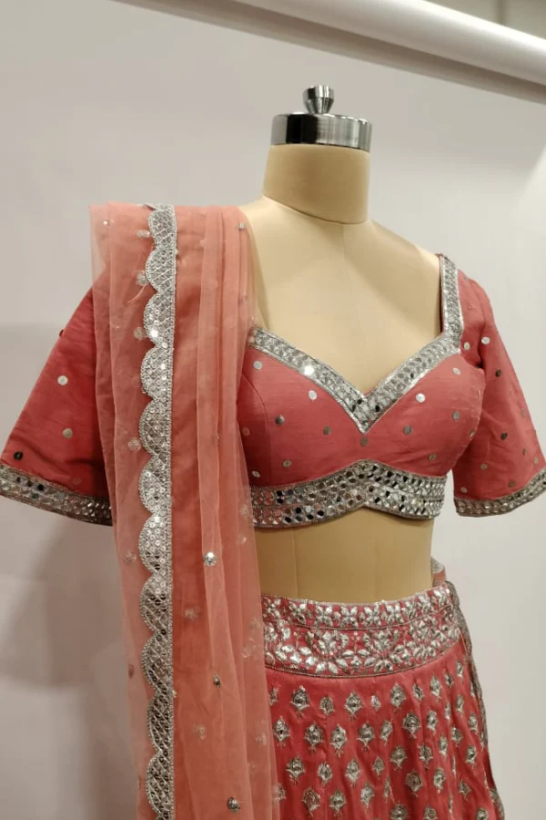 Coral zari embroidered lehenga set - Image 4