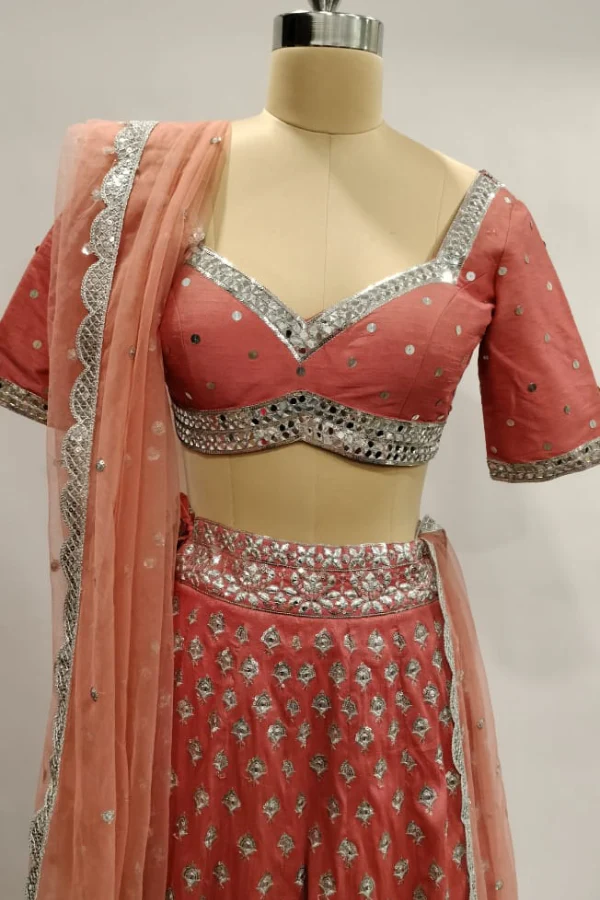 Coral zari embroidered lehenga set - Image 5