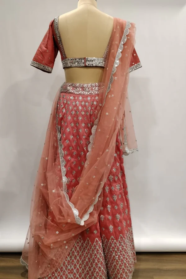 Coral zari embroidered lehenga set - Image 6