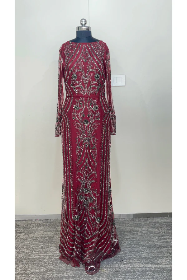 Pankaj & Nidhi Deep red embellished gown - Image 4