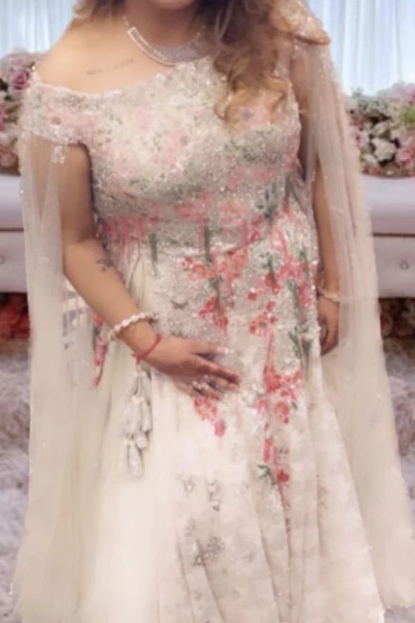 Dolly J beige embroidered gown