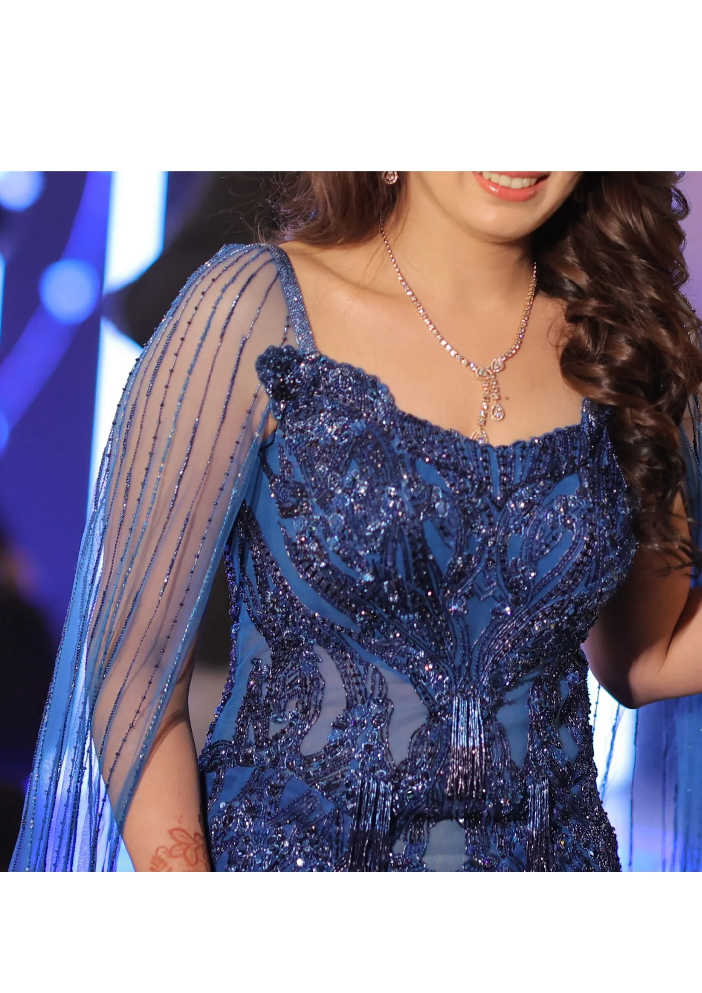 Dolly J Cobalt Blue Tulle Net Crystal Embroidered Gown - Image 3