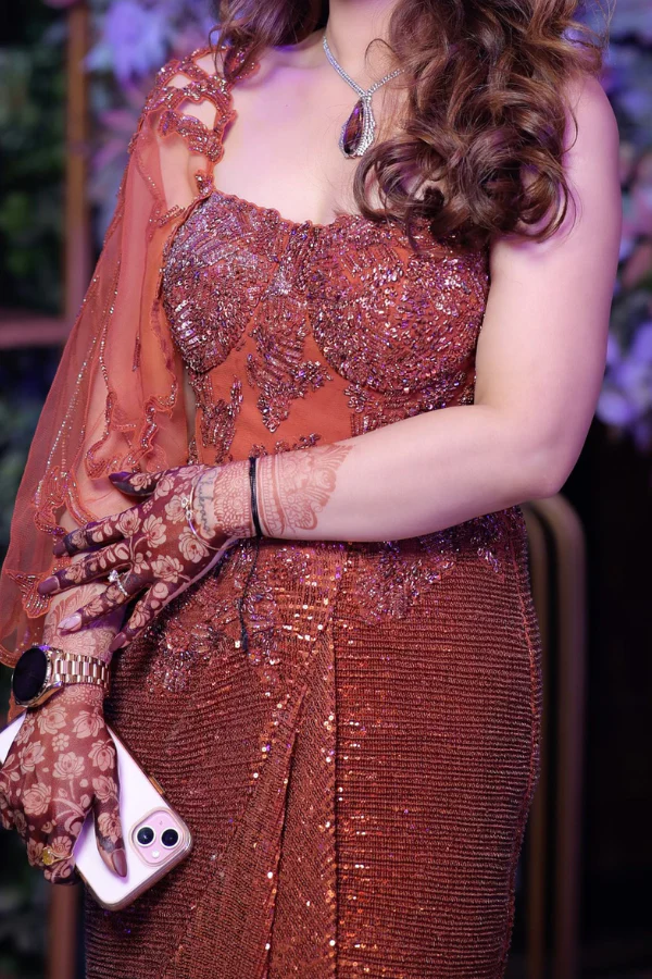 DOLLY J Copper sequin embellished drape gown - Image 3