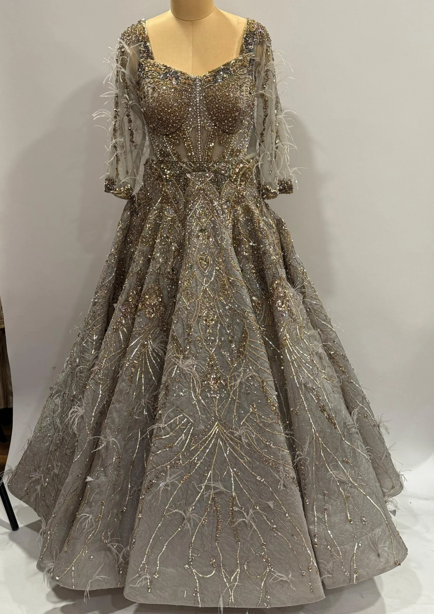 Dolly J Embellished Grey Feather Gown