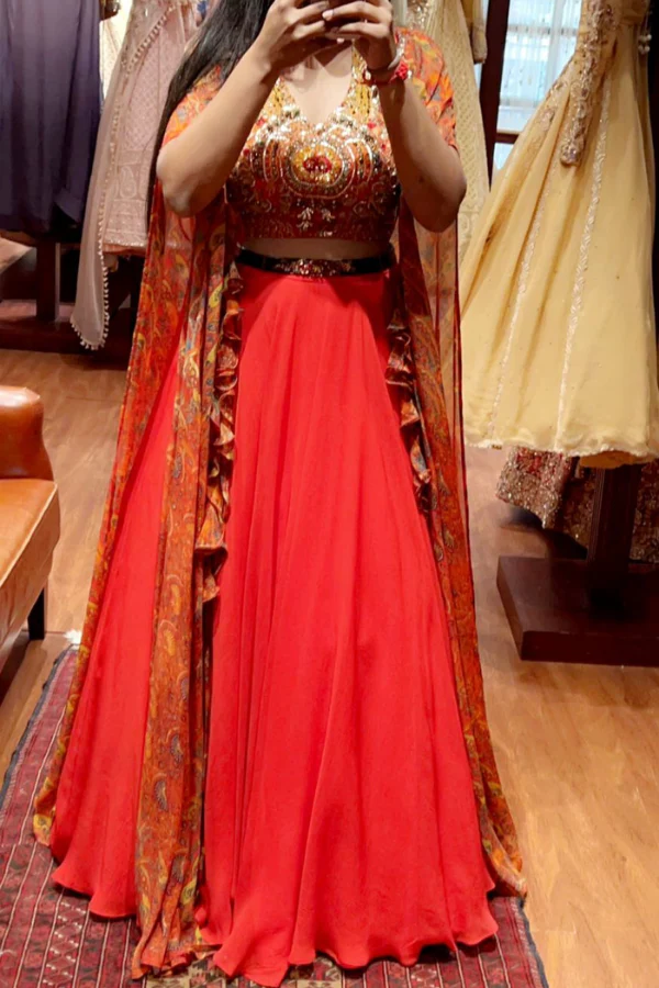 Dolly J red lehenga with cape - Image 2