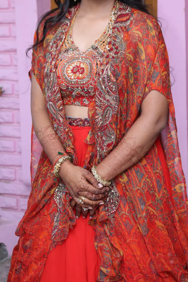 Dolly J red lehenga with cape - Image 3