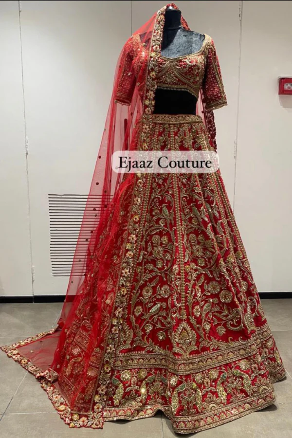 Ejaaz Couture Red Bridal Embroidered Lehenga Set - Image 2