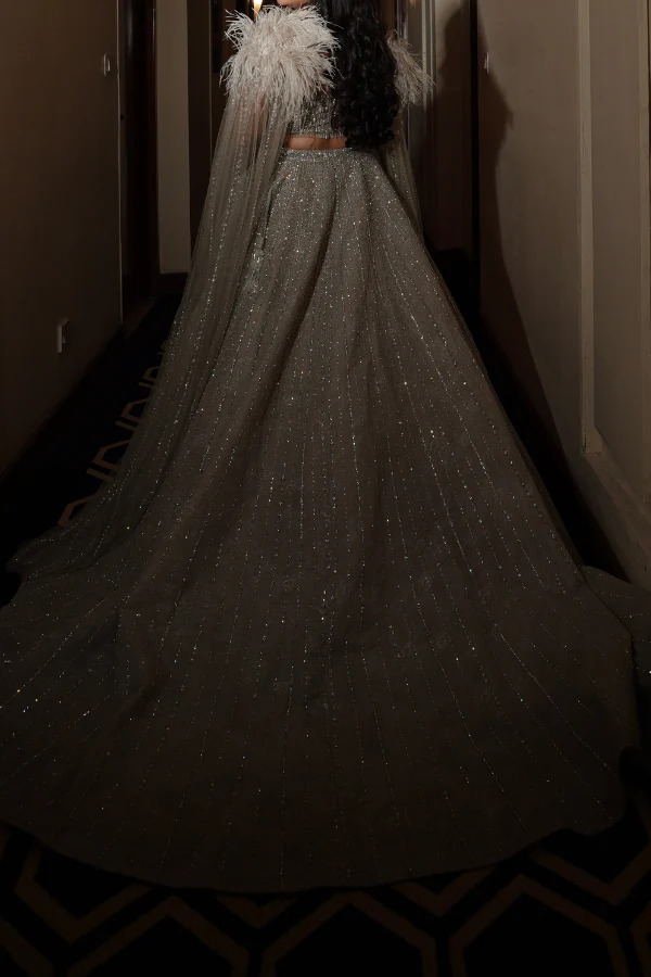 Ejaaz embellished lehenga with feathered cape - Image 3