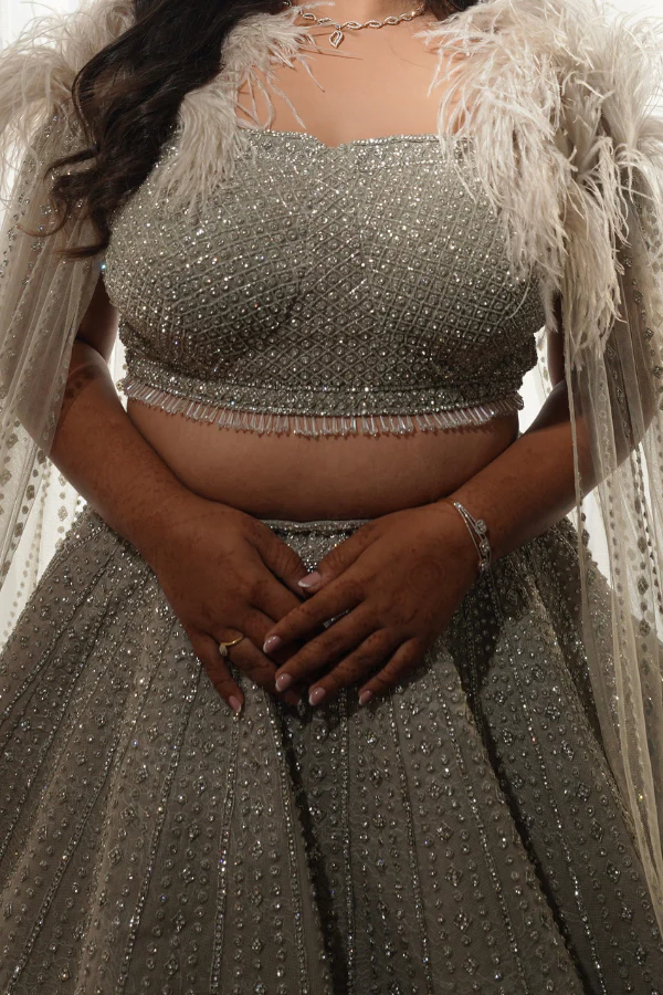 Ejaaz embellished lehenga with feathered cape - Image 4