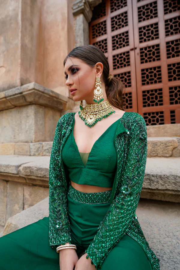 EMBELLISHED EMERALD GREEN SHARARA SET - Image 3