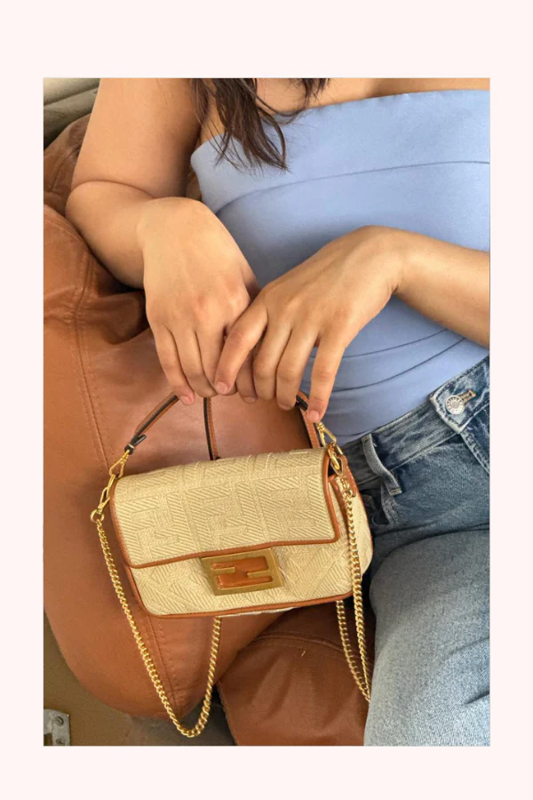 Fendi Raffia Vitello King Lucido FF Embroidered Baguette