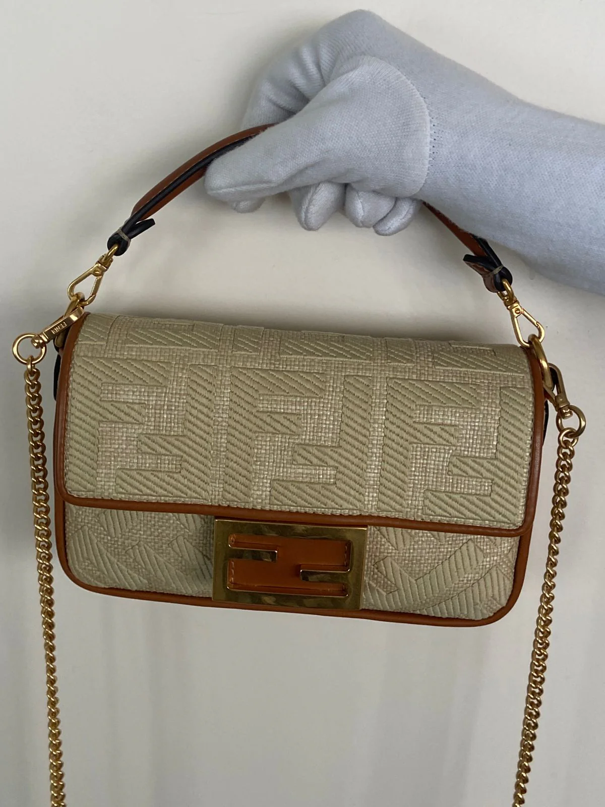 Fendi Raffia Vitello King Lucido FF Embroidered Baguette - Image 10