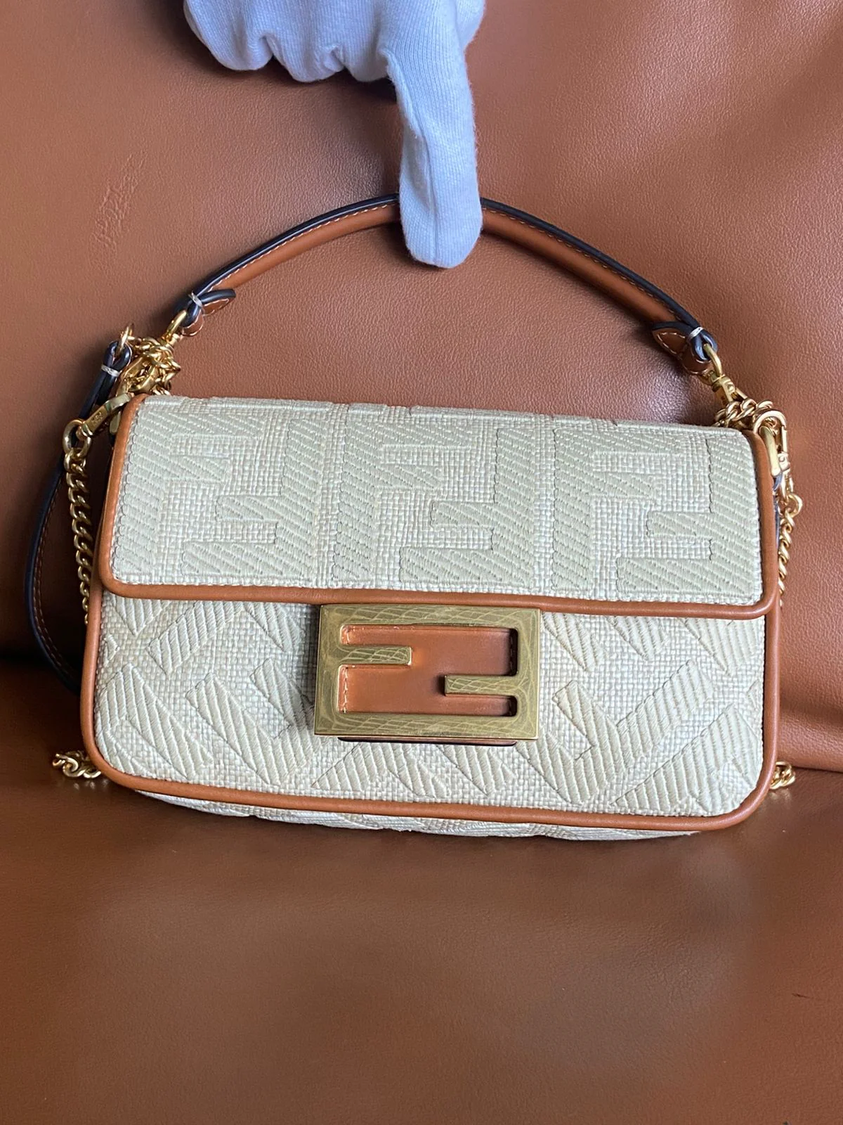 Fendi Raffia Vitello King Lucido FF Embroidered Baguette - Image 11