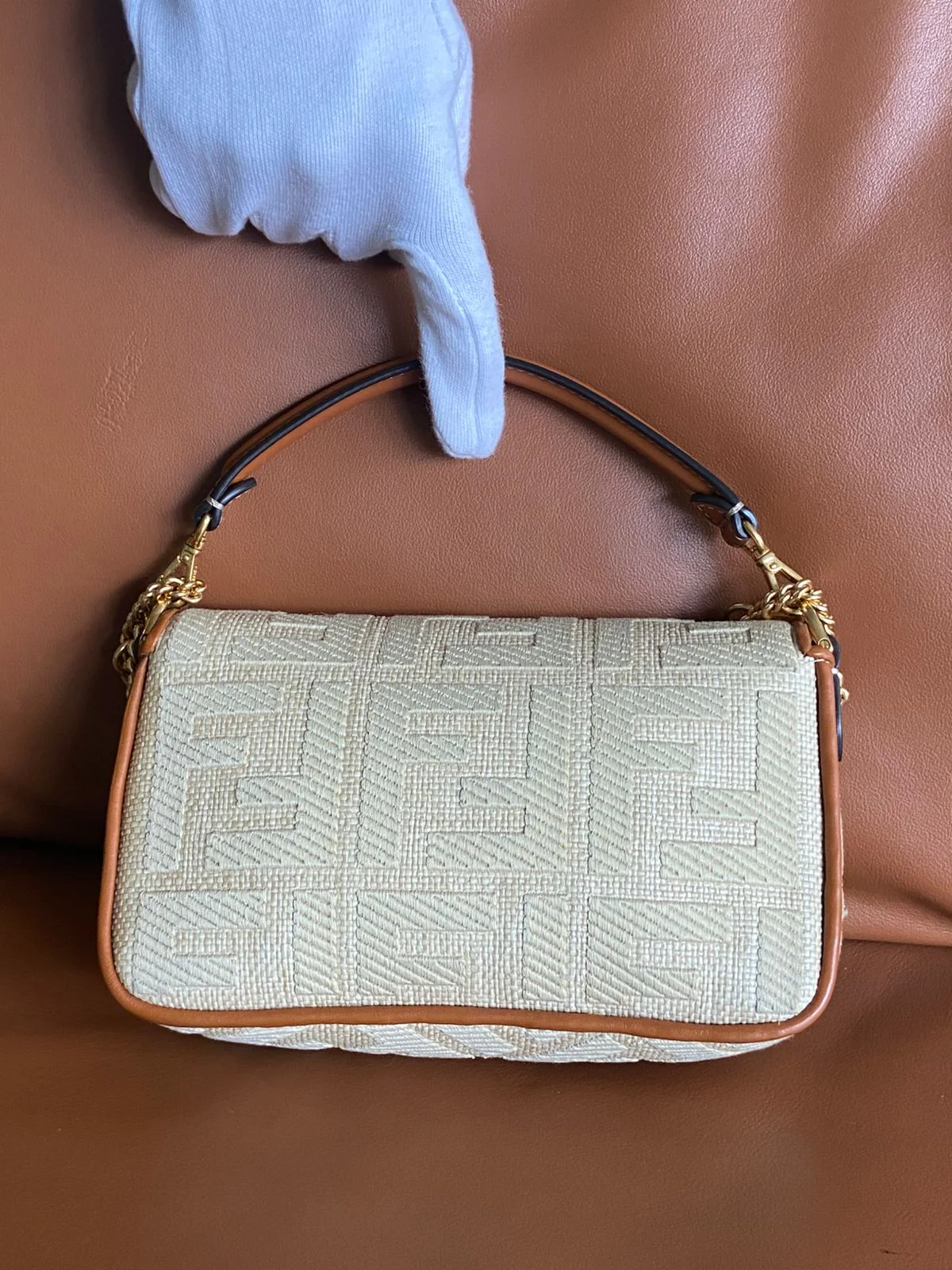 Fendi Raffia Vitello King Lucido FF Embroidered Baguette - Image 12