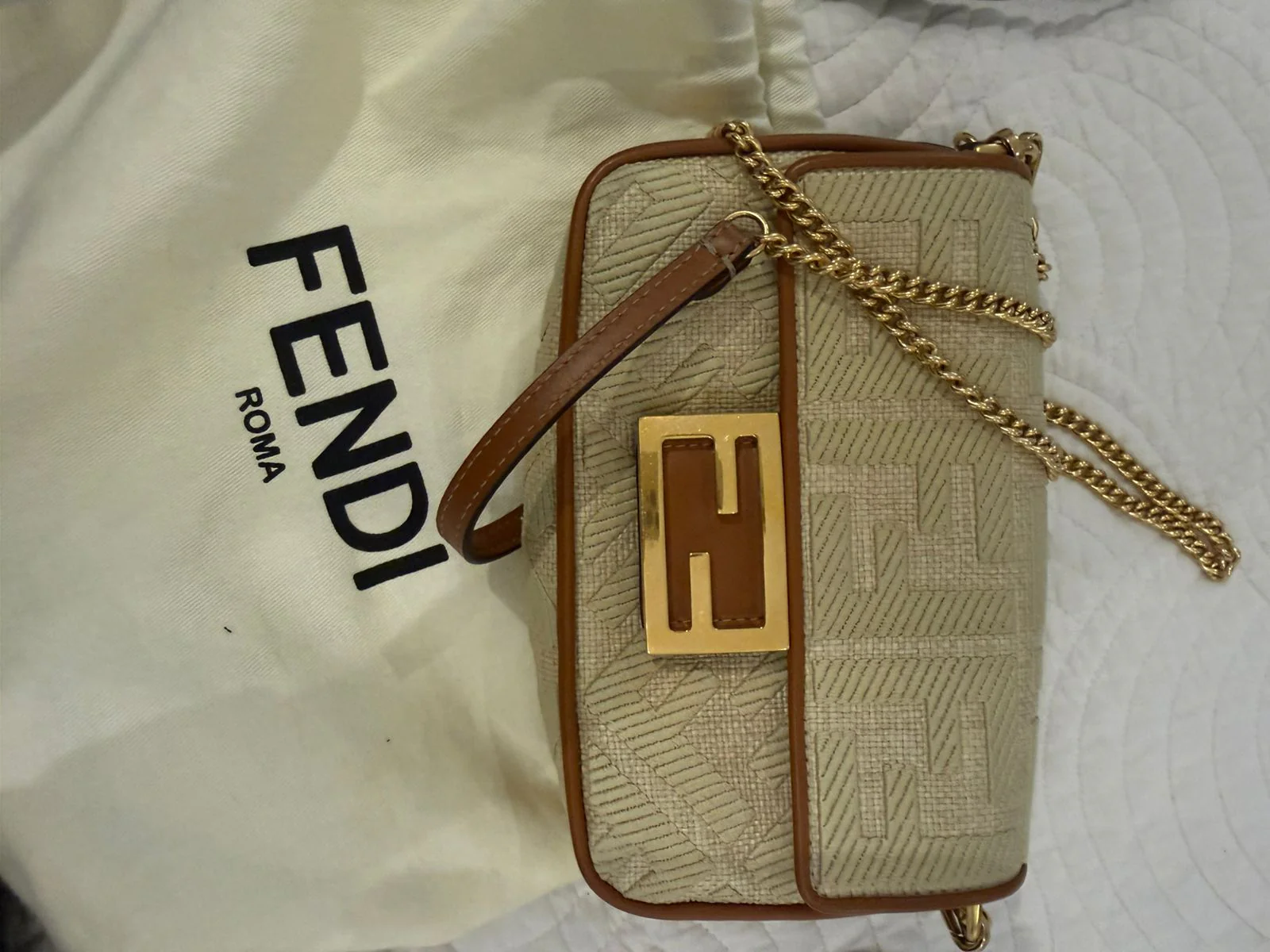 Fendi Raffia Vitello King Lucido FF Embroidered Baguette - Image 13