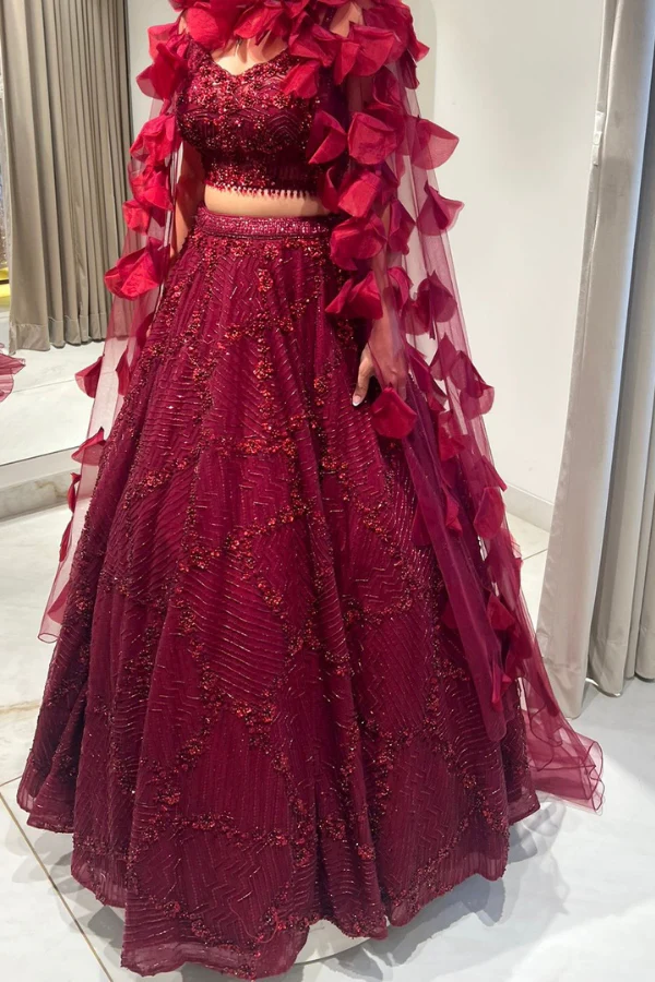 Frontier Raas Maroon lehenga with 3D cape