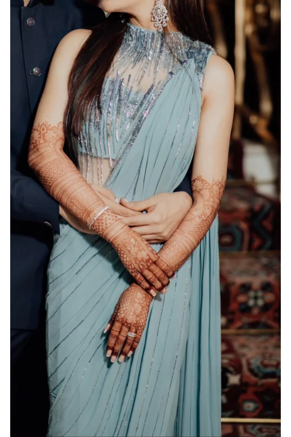 Gaurav Gupta Aqua Blue Saree Gown - Image 3