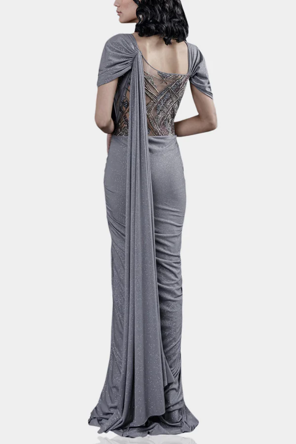Gaurav Gupta Grey Embellished Sari Gown - Image 3