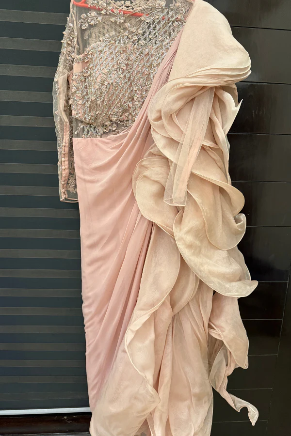 Gaurav Gupta Pink Embroidered Ruffle Saree Gown - Image 2