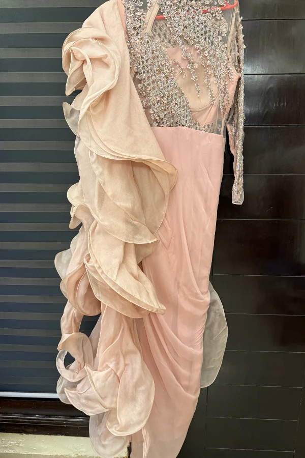Gaurav Gupta Pink Embroidered Ruffle Saree Gown - Image 3