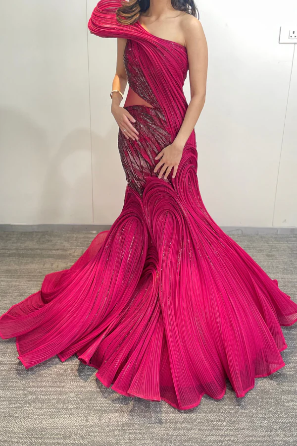 GAURAV GUPTA RED EMBELLISHED SCULPTED GOWN - Image 3