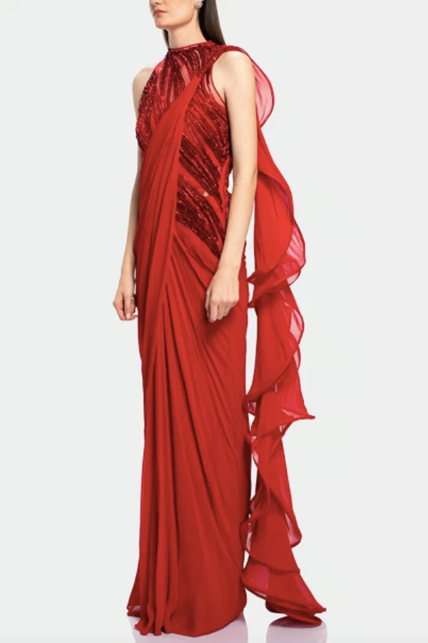 Gaurav Gupta Red Saree Gown - Image 3