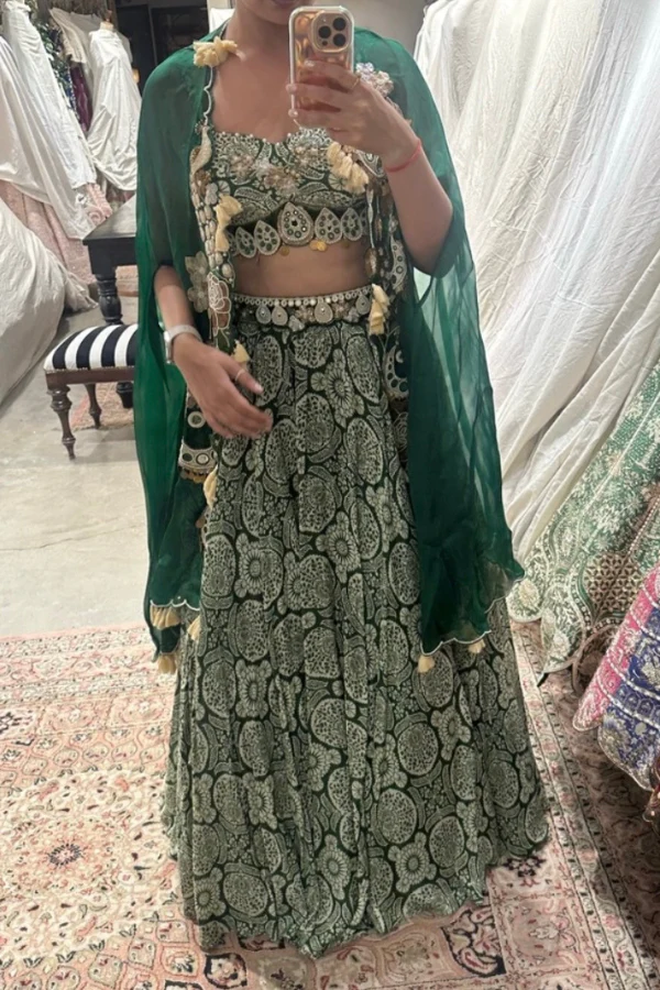 Gazal Gupta Chandbali Cape And Printed Top + Skirt - Image 3
