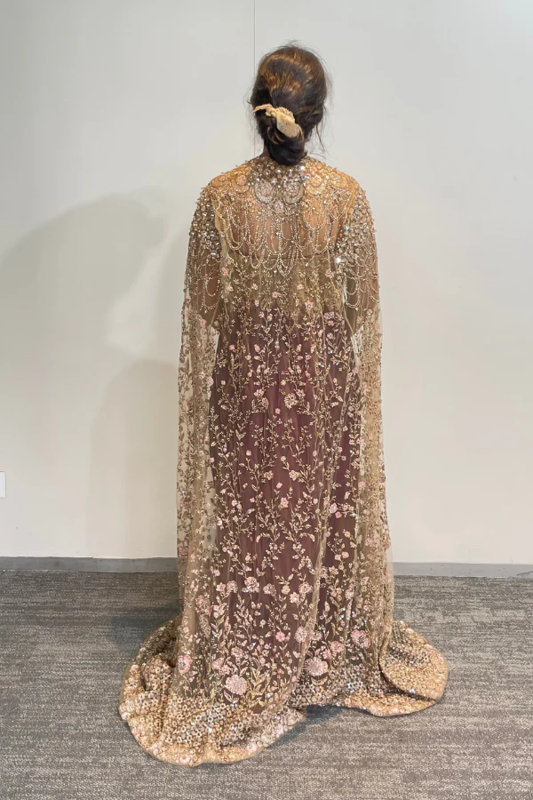 Gown with beige embellished cape - Image 3