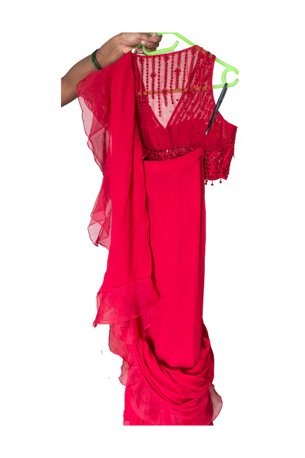 Red ruffle drape saree - Image 3