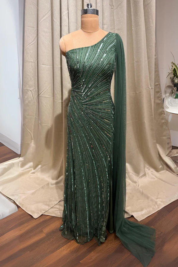 Green Embellished One Shoulder Gown with train - Image 3