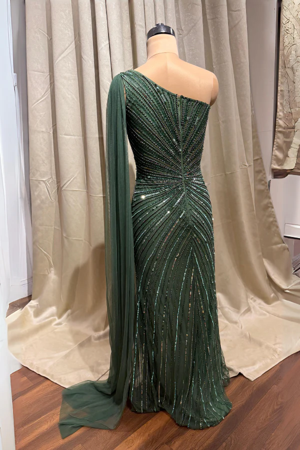Green Embellished One Shoulder Gown with train - Image 4